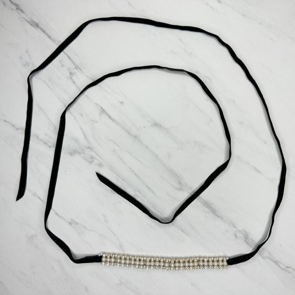 Faux Pearl Rhinestone Ribbon Tie Belt Small (S) ✨